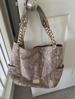 Michael Kors Taupe Snake-Texture Shoulder Bag with Gold Chain Straps